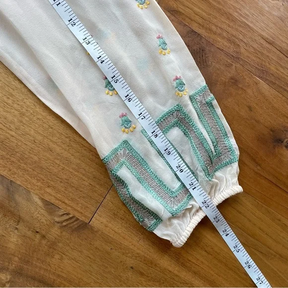 Sundance Embroidered Boho Silk Long Sleeve Peasant Blouse with Tie Neck - Picture 11 of 13